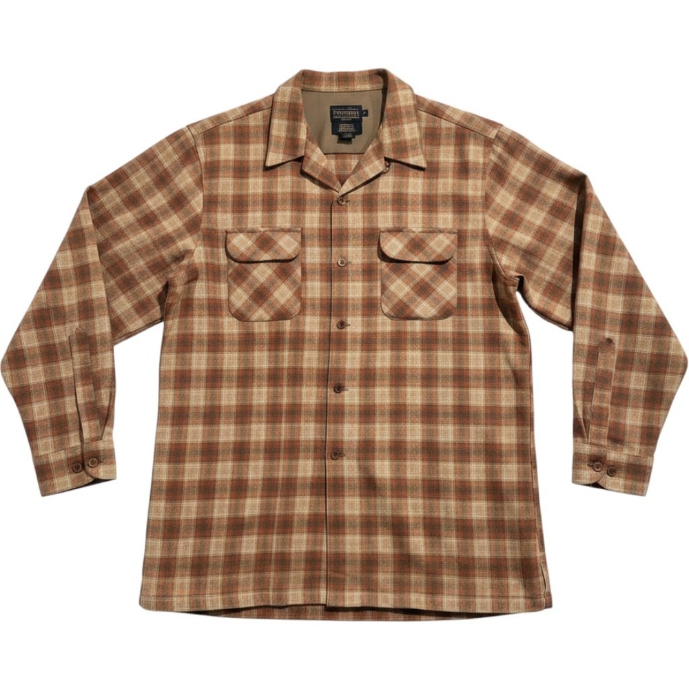 Pendleton Board Shirt Tan & Red Plaid Wool Flannel Button Down Size XL